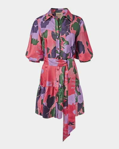 Figue Georgie Belted Puff-sleeve Ruffle Mini Shirtdress In Pressed Petal Sunset Coral