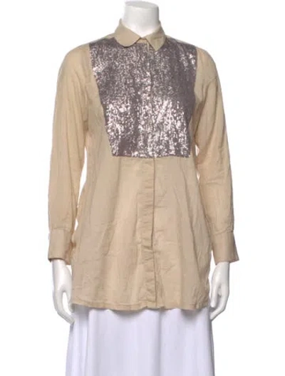 Pre-owned Figue Graphic Print Long Sleeve Button-up Top In Neutrals