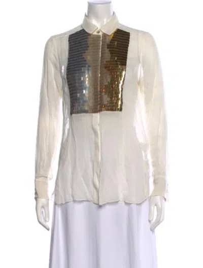 Pre-owned Figue Graphic Print Long Sleeve Button-up Top In White