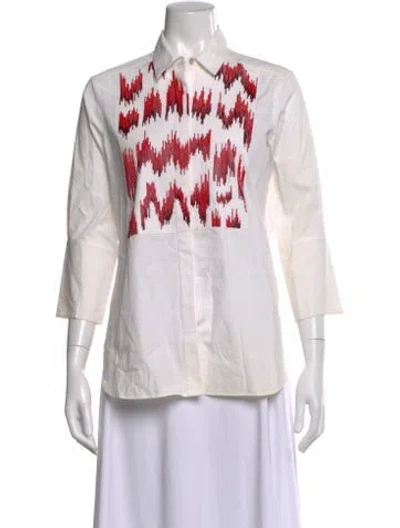 Pre-owned Figue Graphic Print Three-quarter Sleeve Button-up Top In White
