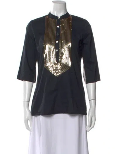 Pre-owned Figue Graphic Print Three-quarter Sleeve Top In Blue