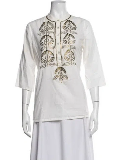 Pre-owned Figue Graphic Print Three-quarter Sleeve Top In White