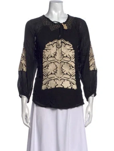 Pre-owned Figue Graphic Print Tie Neck Top In Black