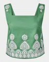 Figue Isabelle Embroidered Linen Crop Top In Apple Green