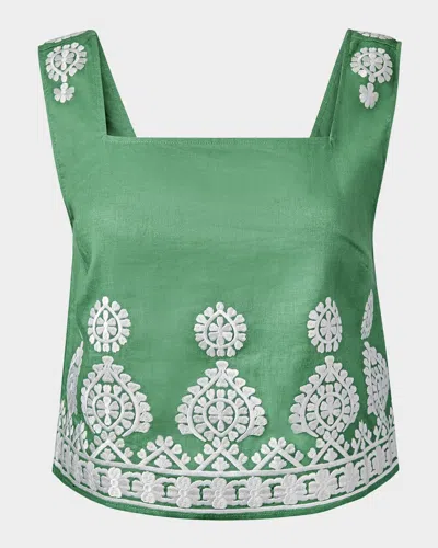 Figue Isabelle Embroidered Linen Crop Top In Apple Green