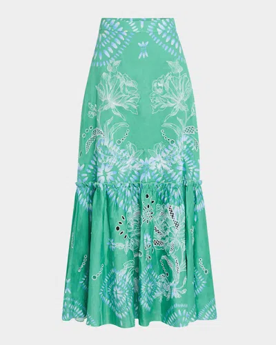 Figue Jordan Floral Embroidered Flare Maxi Skirt In Painterly Medallion Apple Green