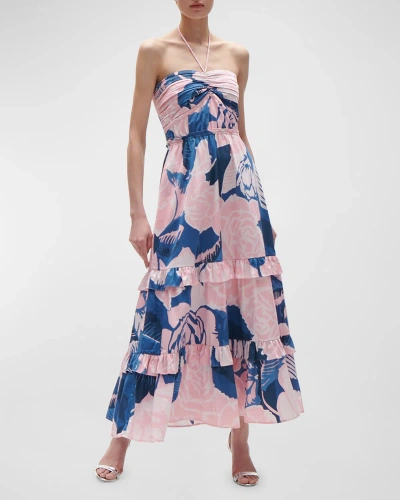 Figue June Floral-print Ruffle Halter Maxi Dress In Rose Garden Blue