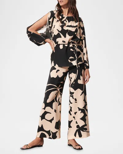 Figue Kasey Floral Belted Slit-sleeve Silk Tunic In Enchanted Garden Sahara Sand