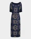 Figue Kristi Medallion-print Wool-cashmere Midi Sweater Dress In Blue