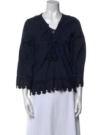 Pre-owned Figue Lace Pattern V-neck Blouse In Blue