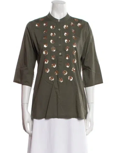 Pre-owned Figue Linen Mock Neck Button-up Top In Green