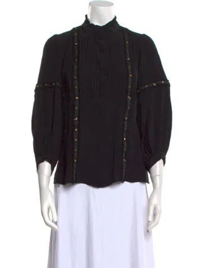 Pre-owned Figue Mock Neck Three-quarter Sleeve Button-up Top In Black