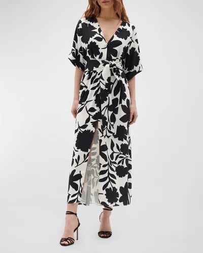 Figue Neva Floral-print Short-sleeve Belted Midi Dress In Graphic Floral Onyx
