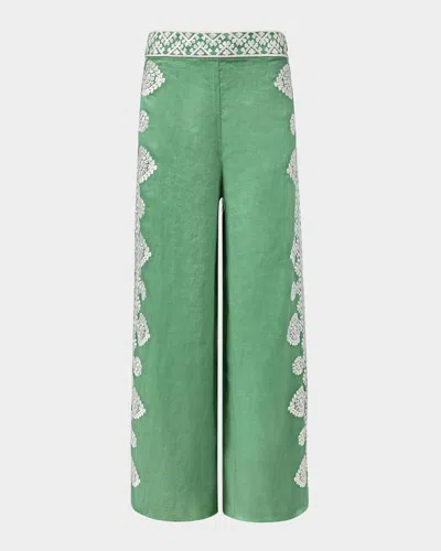 Figue Noemie Embroidered Linen Wide-leg Pants In Apple Green