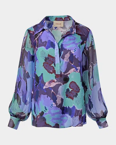 Figue Paige Balloon-sleeve Collared Silk Top In Pressed Petal Royal Dusk