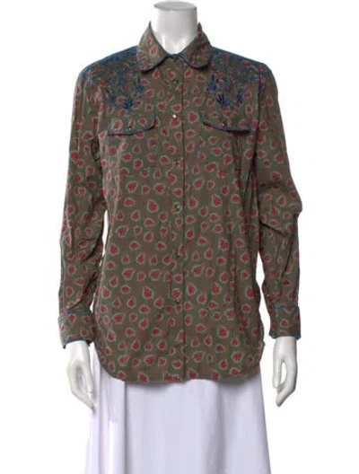 Pre-owned Figue Paisley Print Long Sleeve Button-up Top In Green