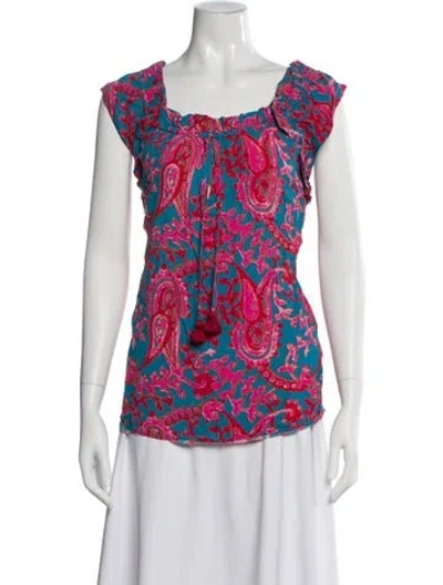 Pre-owned Figue Paisley Print Square Neckline Top In Blue