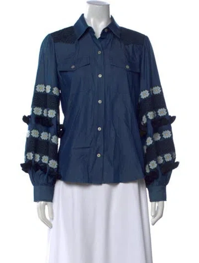 Pre-owned Figue Patterned Long Sleeve Button-up Top In Blue