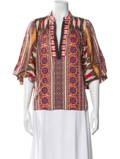 Pre-owned Figue Patterned Short Sleeve Blouse In Brown