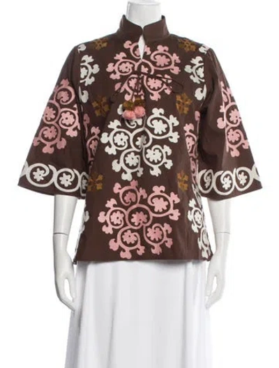 Pre-owned Figue Patterned Three-quarter Sleeve Top In Brown