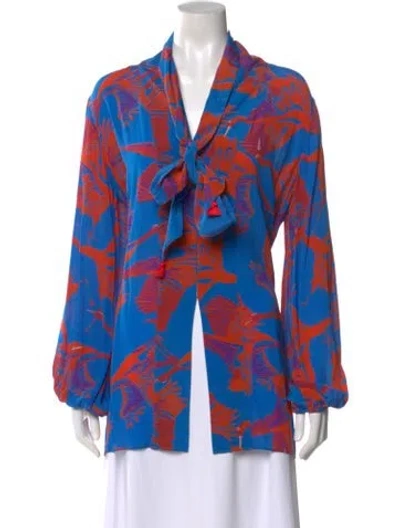 Pre-owned Figue Patterned Tie Neck Blouse In Blue