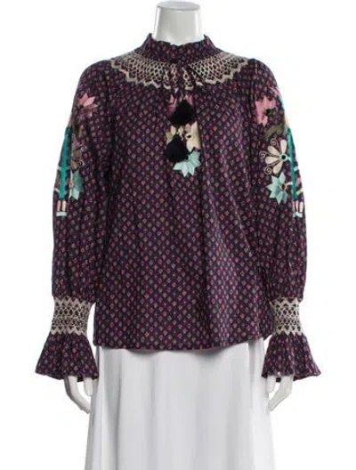 Pre-owned Figue Patterned Tie Neck Blouse In Purple