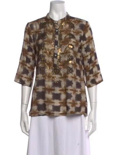 Pre-owned Figue Printed Crew Neck Blouse In Brown
