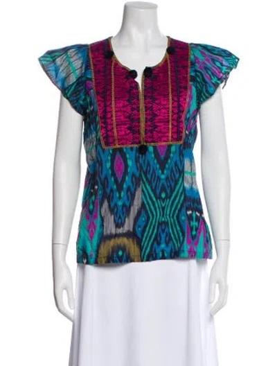 Pre-owned Figue Printed Crew Neck Top In Blue