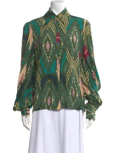 Pre-owned Figue Printed Long Sleeve Blouse In Green
