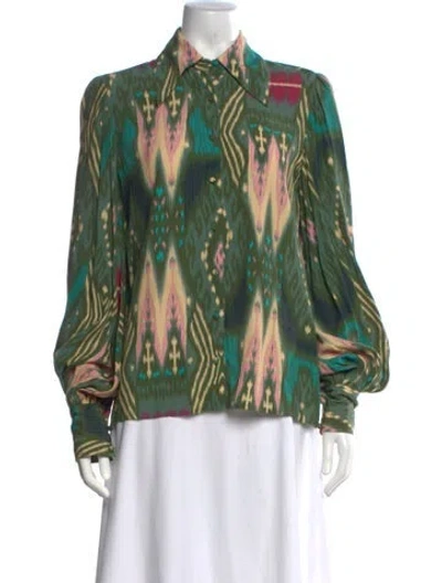 Pre-owned Figue Printed Long Sleeve Blouse In Green