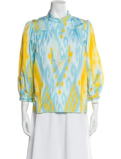 Pre-owned Figue Printed Mock Neck Blouse In Blue