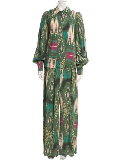 Pre-owned Figue Printed Pant Set In Green