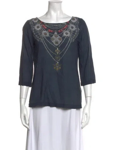 Pre-owned Figue Printed Scoop Neck Blouse In Blue