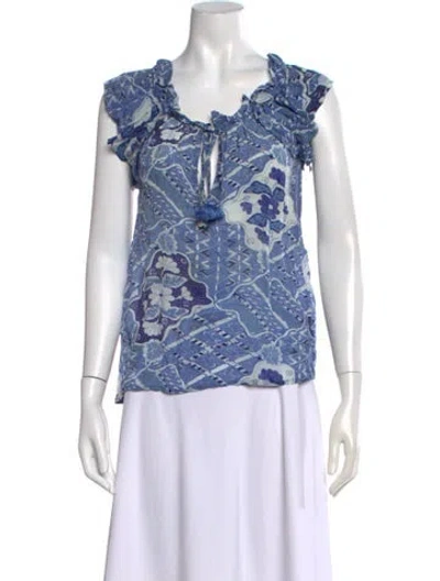 Pre-owned Figue Printed Scoop Neck Top In Blue