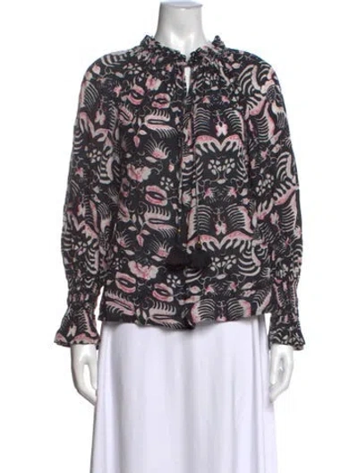 Pre-owned Figue Printed Tie Neck Blouse In Black