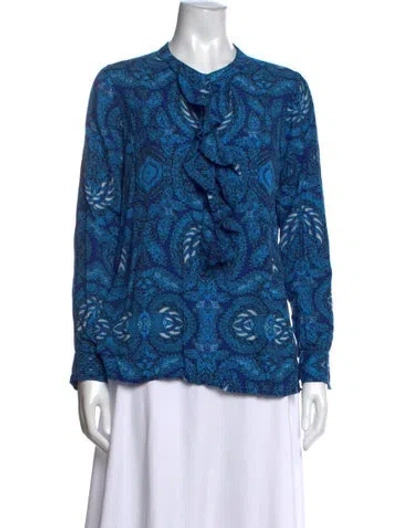 Pre-owned Figue Printed Tie Neck Blouse In Blue