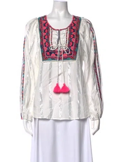 Pre-owned Figue Printed Tie Neck Blouse In Metallic/white