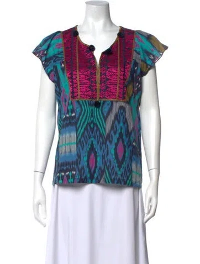 Pre-owned Figue Printed V-neck Top In Blue