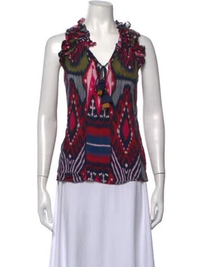 Pre-owned Figue Printed V-neck Top In Red
