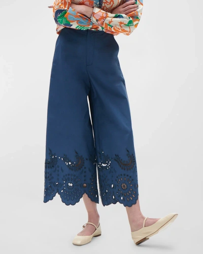 Figue Ramona Eyelet Embroidered Wide-leg Crop Pants In Slate Navy