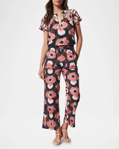 Figue Rosie Printed Short-sleeve Cotton Top In Painterly Lock Chalk