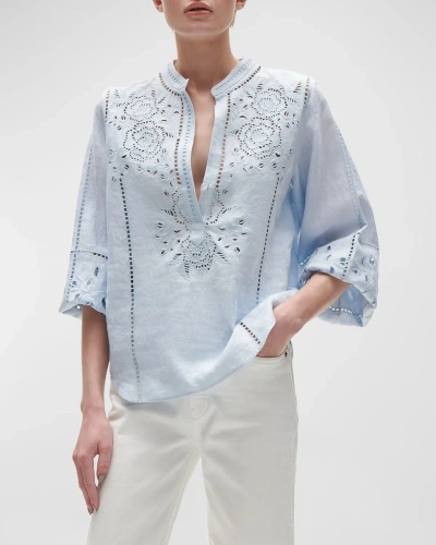 Figue Rylie Broderie Anglaise Long-sleeve Linen Top In Soft Blue