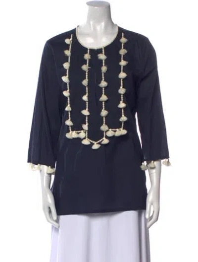 Pre-owned Figue Scoop Neck Three-quarter Sleeve Blouse In Blue