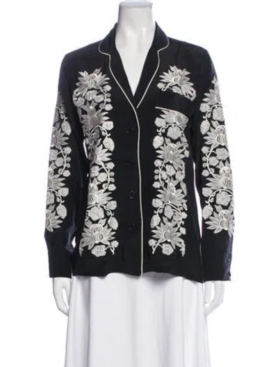 Pre-owned Figue Silk Floral Print Button-up Top In Blue