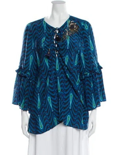 Pre-owned Figue Silk Patterned Blouse W/ Tags In Blue