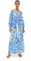 Figue Stevie Off-the-shoulder Belted Maxi Dress In Duo Leaf Surf Blue