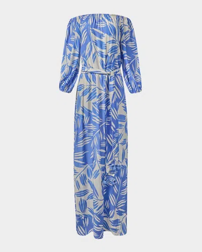 Figue Stevie Off-the-shoulder Belted Maxi Dress In Duo Leaf Surf Blue