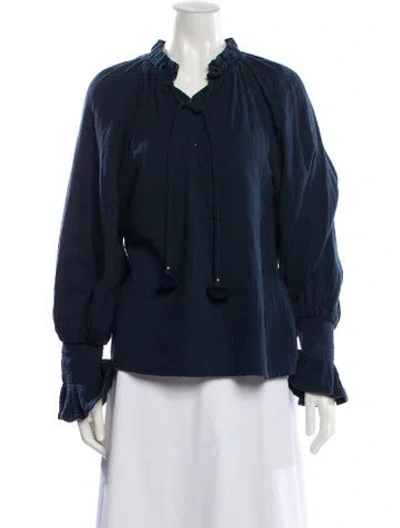 Pre-owned Figue Tie Neck Long Sleeve Blouse In Blue