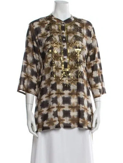 Pre-owned Figue Tie-dye Print Three-quarter Sleeve Tunic In Brown