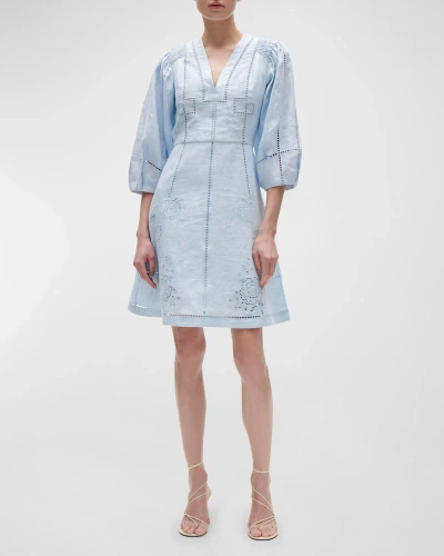 Figue Verna Lattice Embroidered 3/4-sleeve Linen Mini Dress In Soft Blue